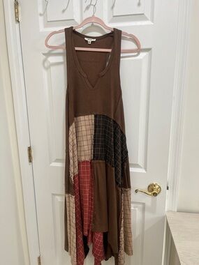 Brown Patchwork High-Low Tank Dress with Mixed Panels